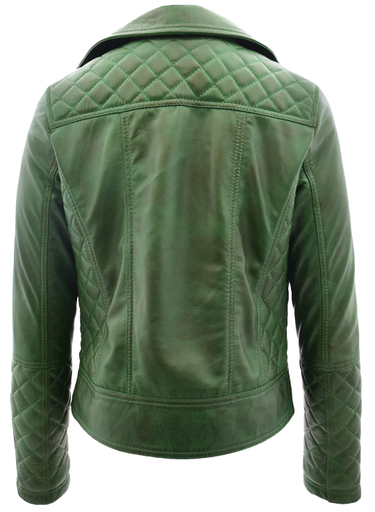 Chelsie Women's Green Cross Zip Biker Leather Jacket