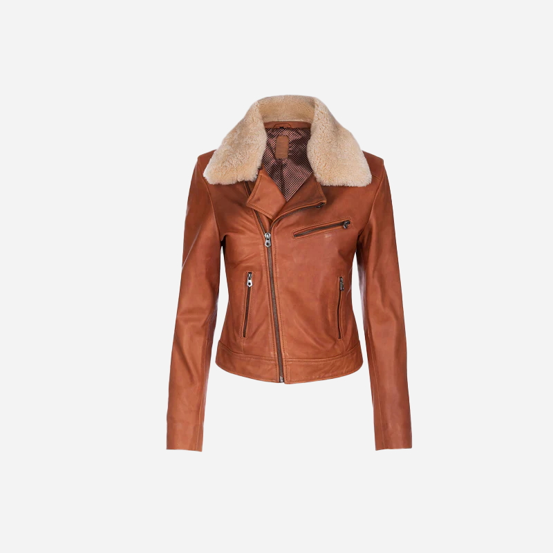 Clotilde Women's Tan Bomber Leather Jacket