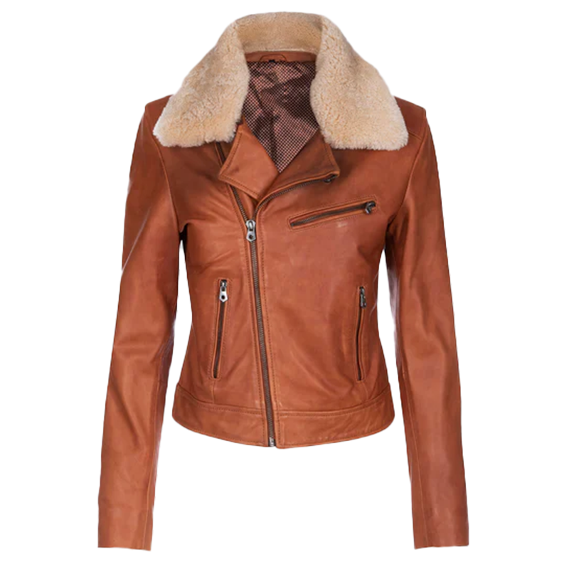 Clotilde Women’s Tan Bomber Leather Jacket