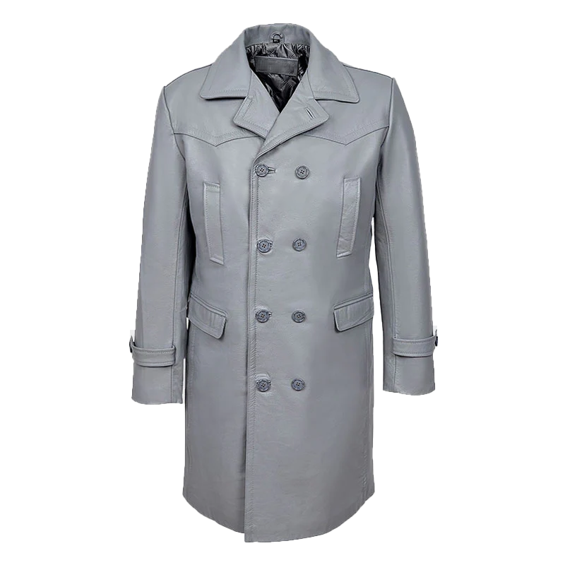 Cyril Men's Grey Double Breasted Leather Coat