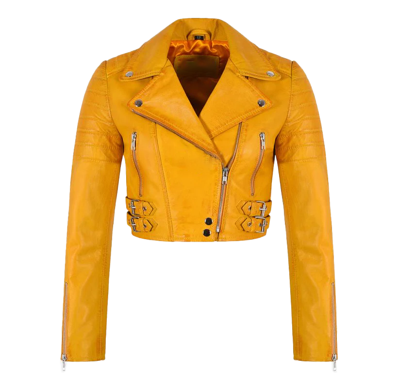 Derek Women's Yellow Cropped Biker Leather Jacket