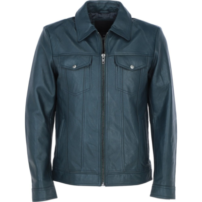 Deshawn Men's Blue Bomber Leather Shirt Jacket