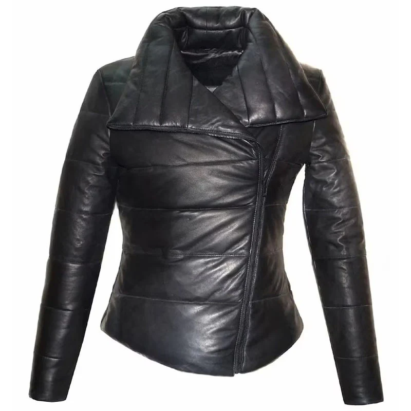 Dewed Women's Black Puffer Leather Jacket