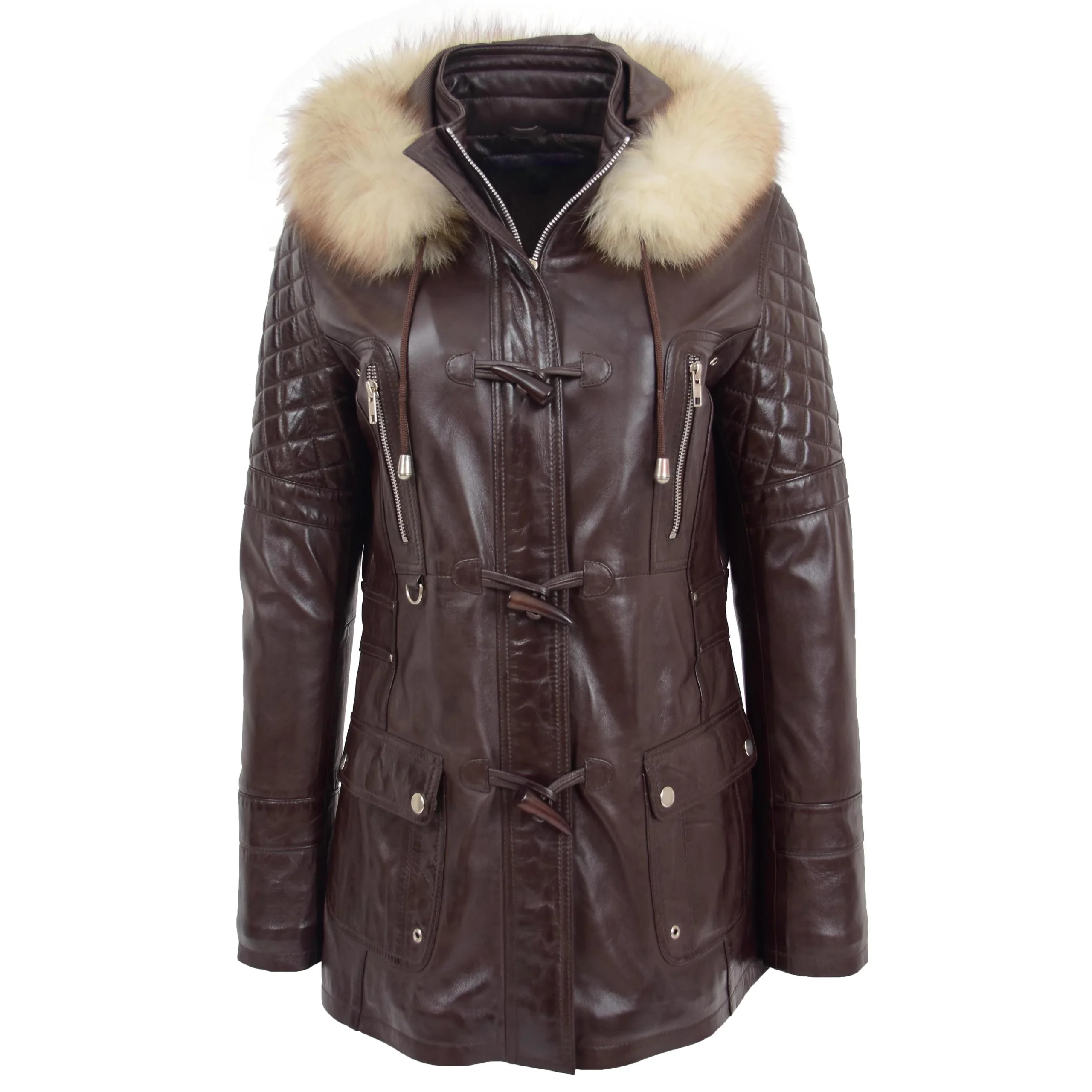 Eliezer Ladies Brown Hooded Leather Jacket