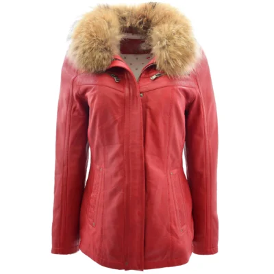 Emery Ladies Red Hooded Leather Jacket