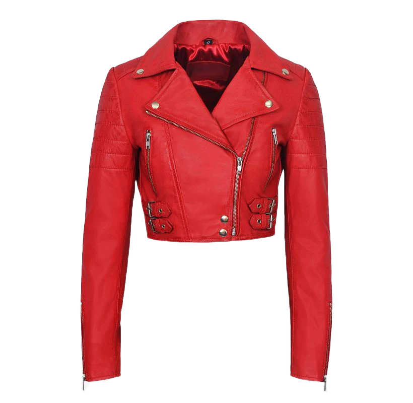 Eugene Women's Red Cropped Biker Leather Jacket