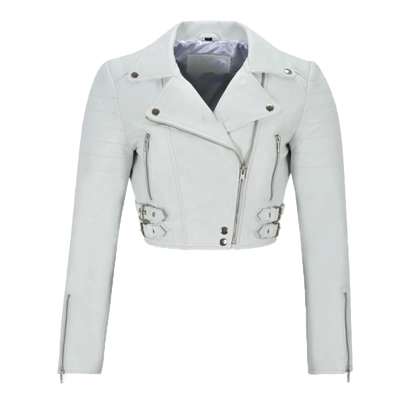 Gavin Women's White Cropped Biker Leather Jacket