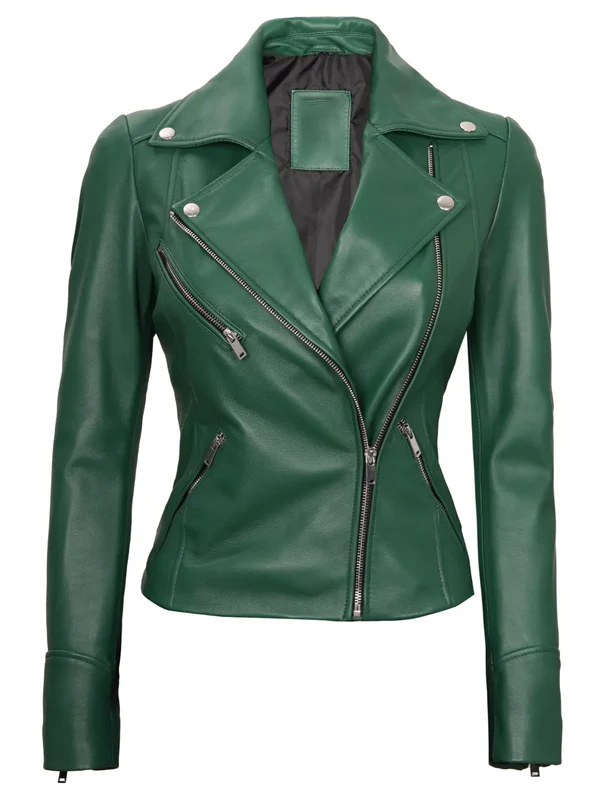 Georgia Ladies Green Moto Leather Jacket