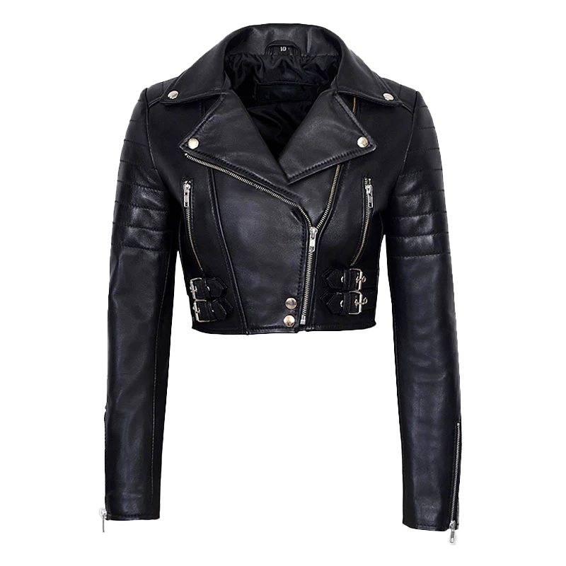 Gerald Women's Black Cropped Biker Leather Jacket