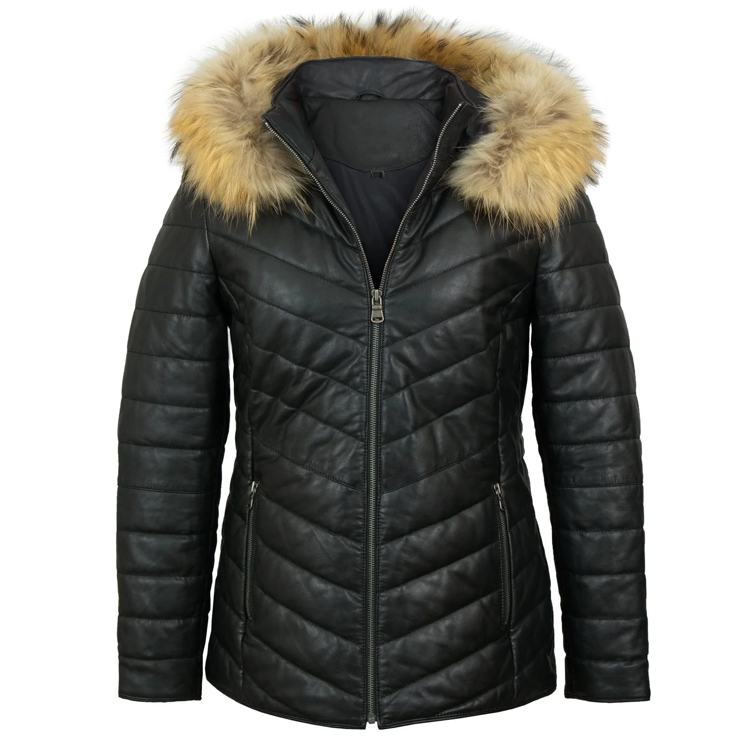 Gertrude Ladies Black Puffer Leather Coat