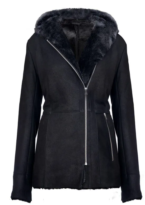 Harvey Women's Black Hooded Sheepskin Leather Jacket