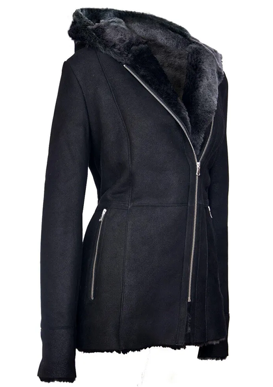 Harvey Women's Black Hooded Sheepskin Leather Jacket