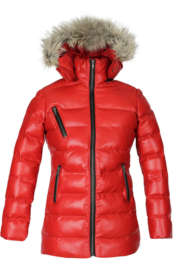 Herbie Women's Red Hooded Puffer Leather Jacket