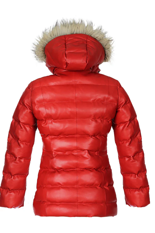 Herbie Women's Red Hooded Puffer Leather Jacket