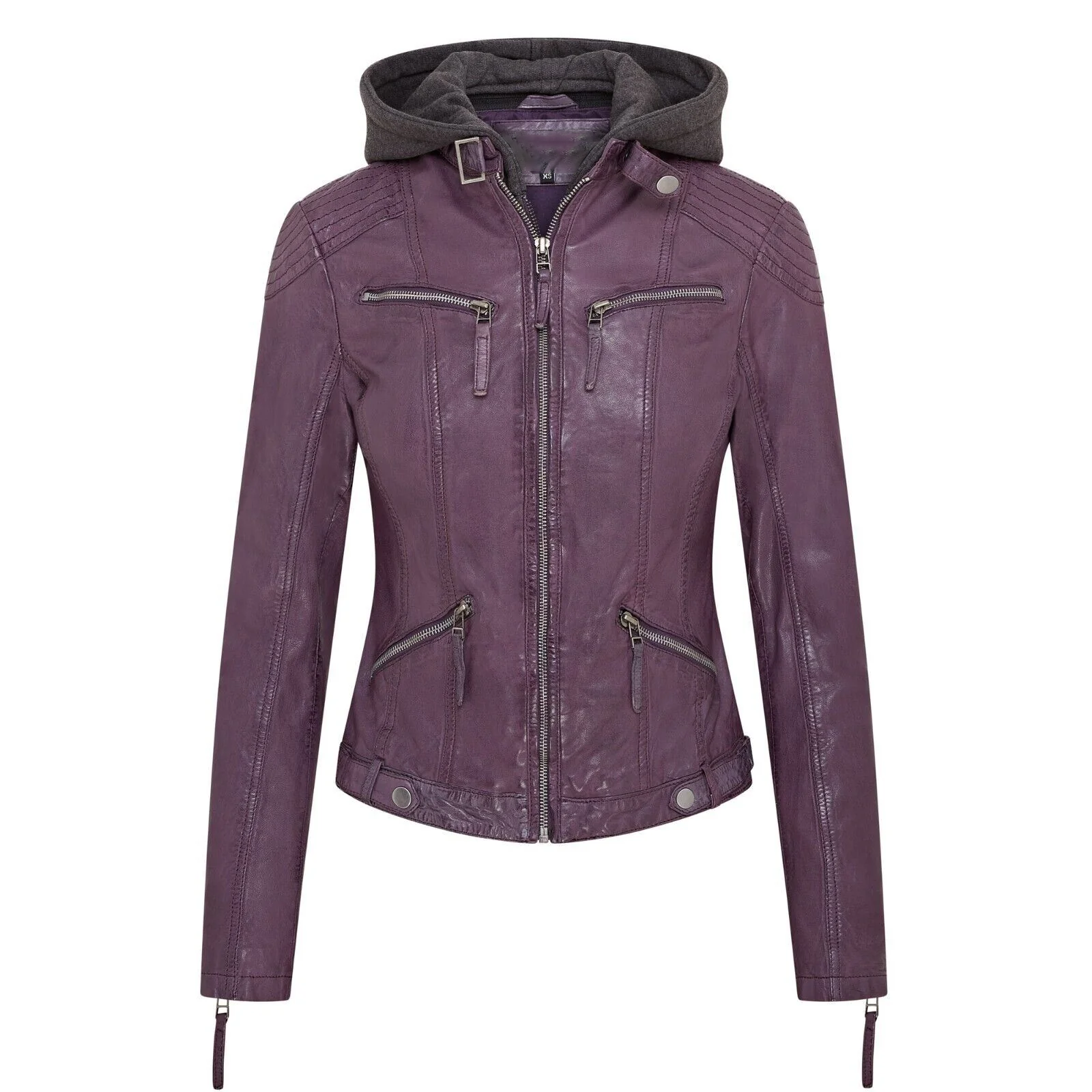 Jacinto Women's Purple Hooded Biker Leather Jacket