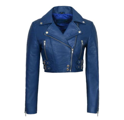 Julian Women's Blue Cropped Biker Leather Jacket
