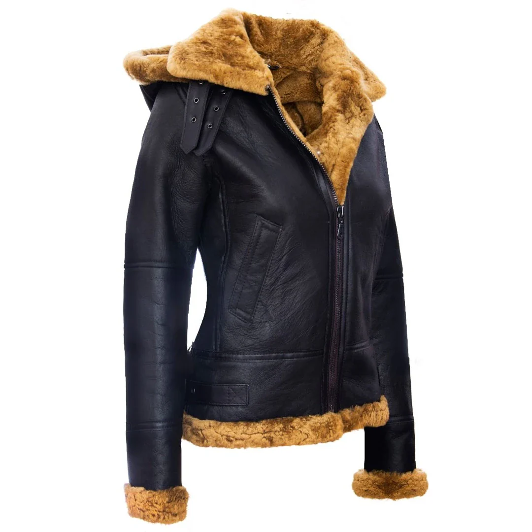 Kaitlyn Women's Ginger Aviator Hooded Sheepskin Jacket