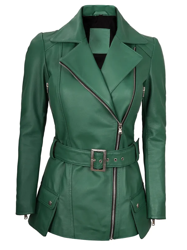 Karsyn Ladies Green Asymmetrical Leather Blazer