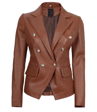 Kattie Women's Brown Double Breasted Leather Blazer