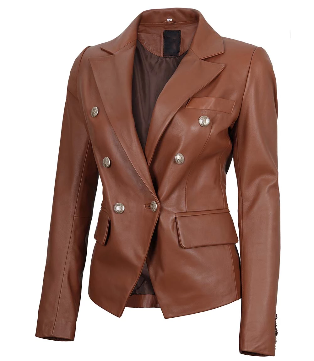 Kattie Women's Brown Double Breasted Leather Blazer