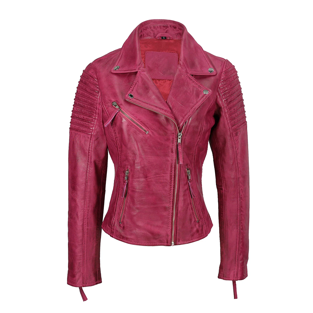 Krystal Ladies Pink Biker Leather Jacket