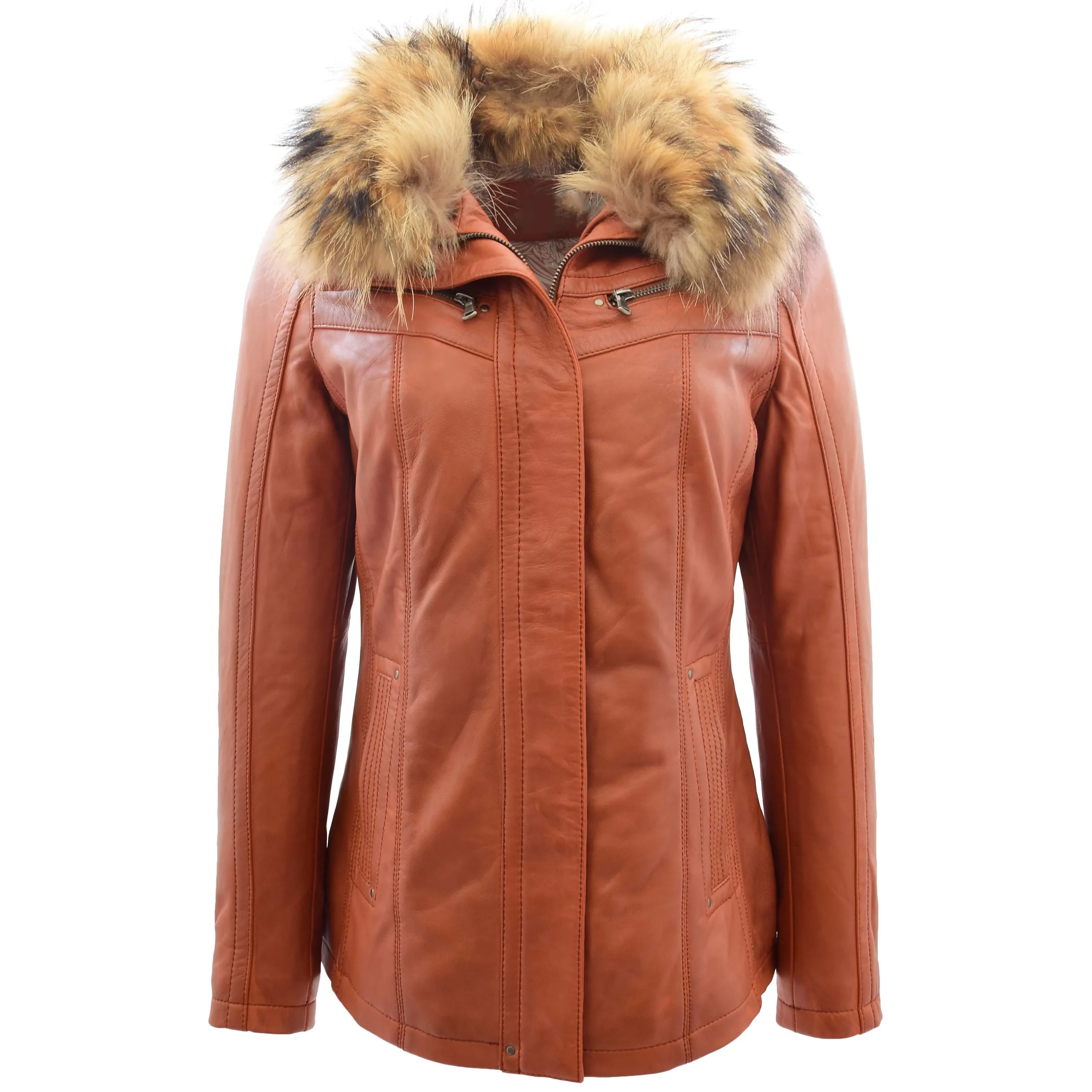 Larissa Ladies Cognac Hooded Leather Jacket