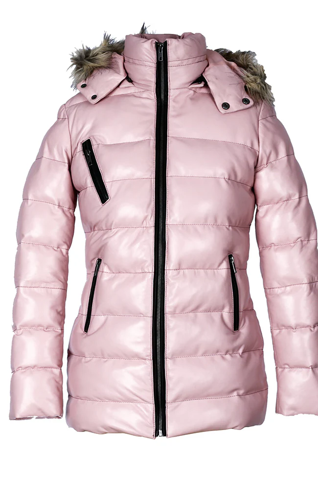 Leroy Women's Pink Hooded Puffer Leather Jacket