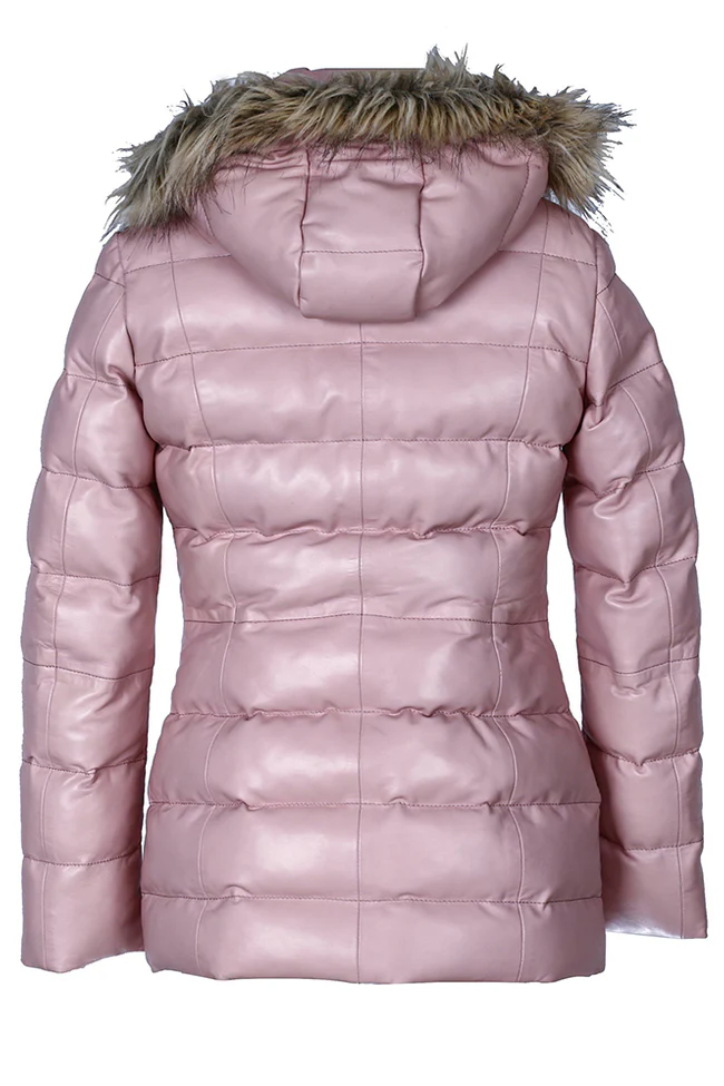 Leroy Women's Pink Hooded Puffer Leather Jacket