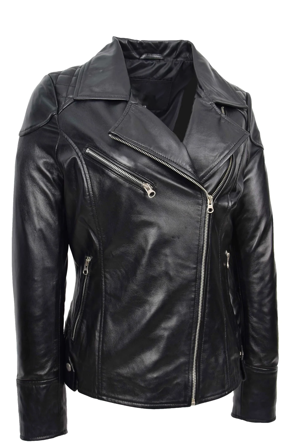 Makeda Women's Black Cross Zip Biker Leather Jacket