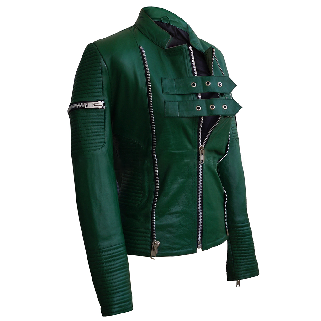 Marsha Ladies Green Moto Leather Jacket