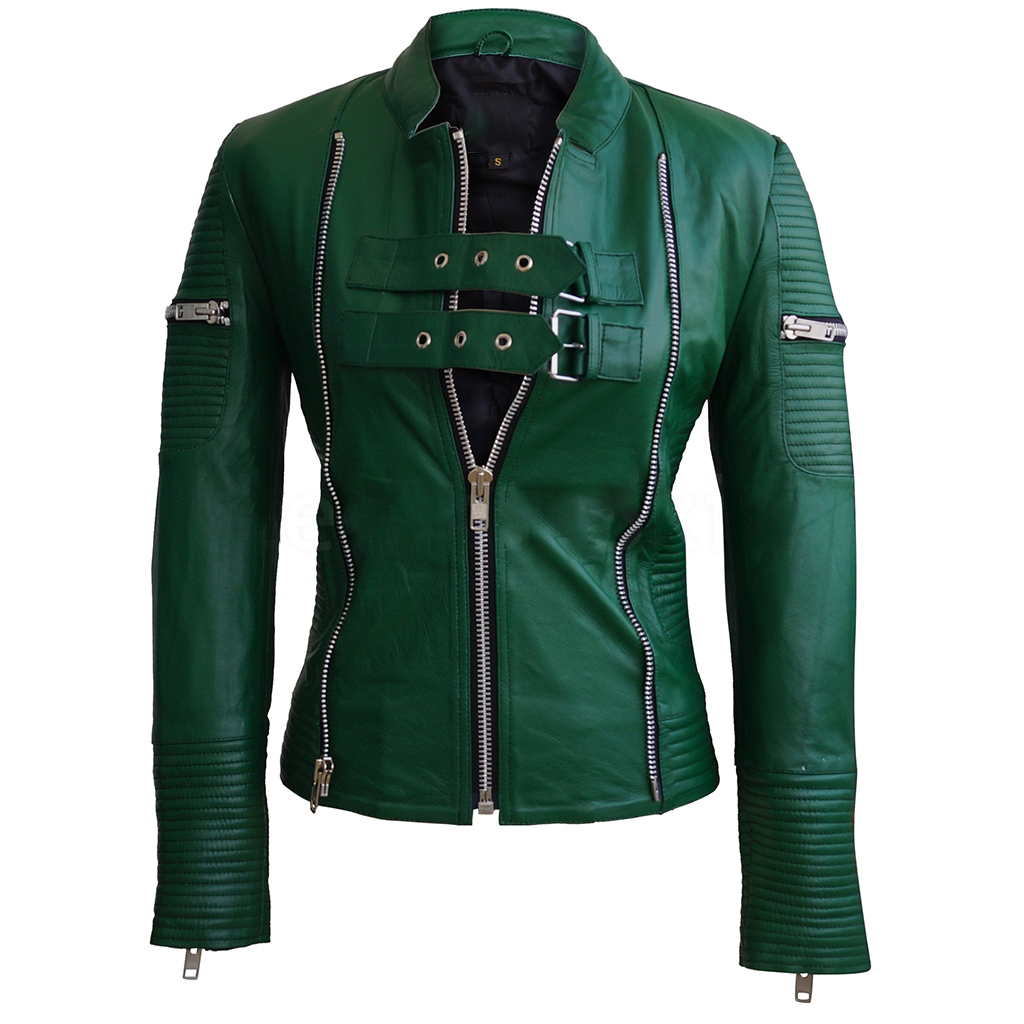 Marsha Ladies Green Moto Leather Jacket