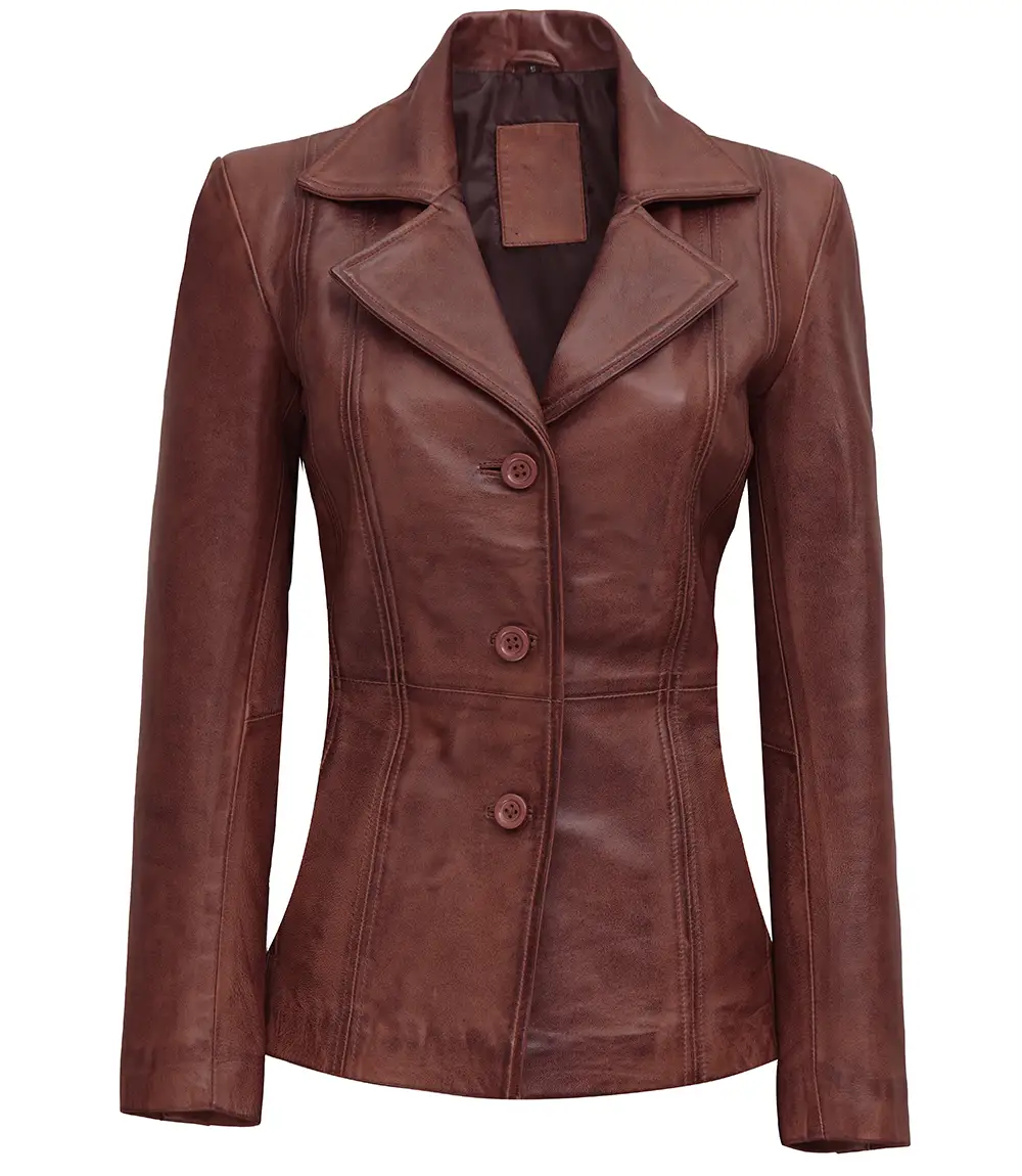 Martine Women's Cognac Brown Leather Blazer