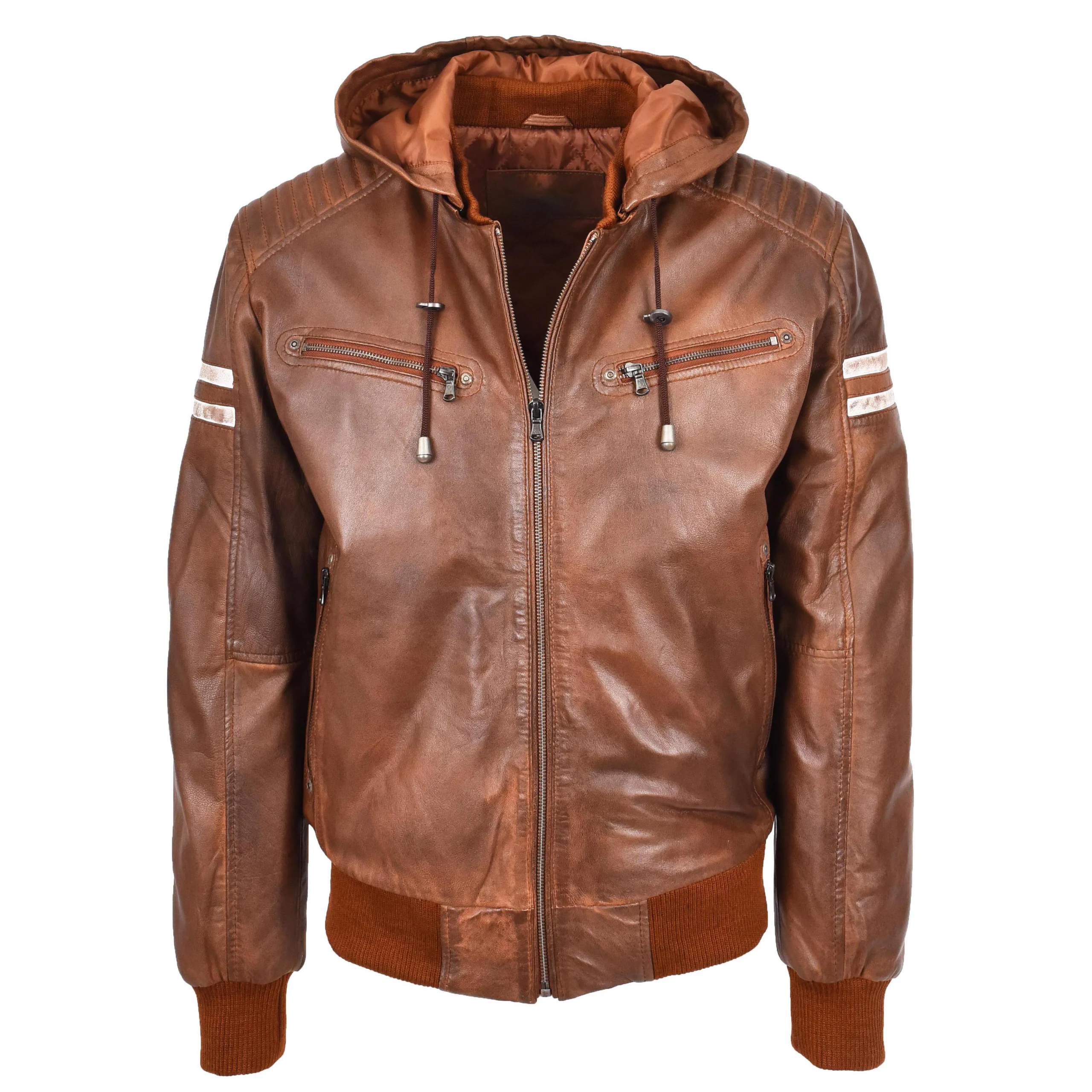 Mawson Men's Brown Hooded Bomber Leather Jacket