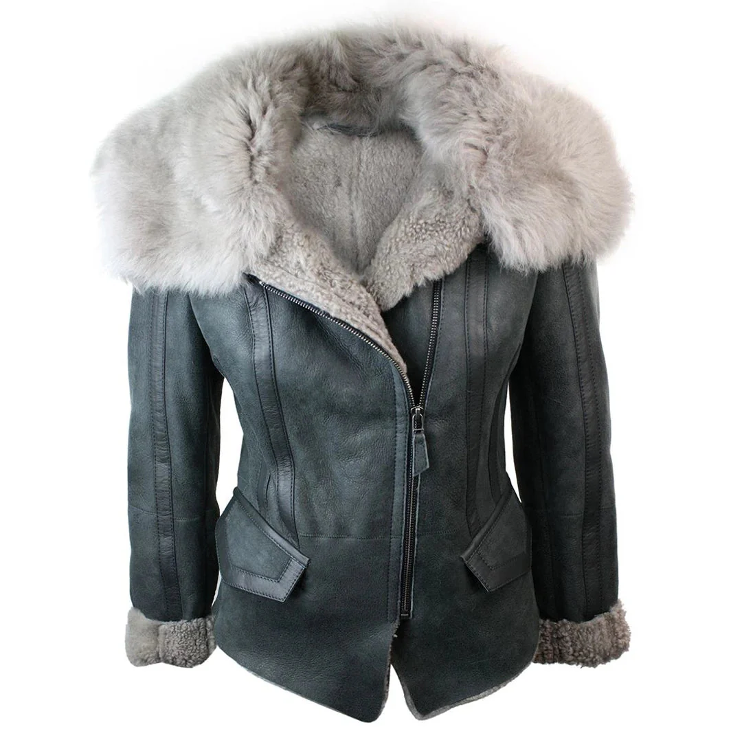 Mckayla Women's Grey Sheepskin Leather Jacket