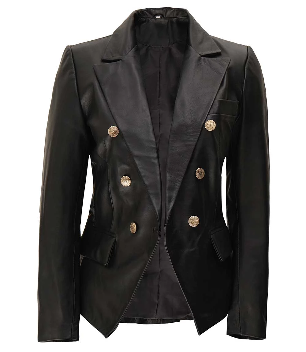 Melba Women’s Black Double Breasted Leather Blazer