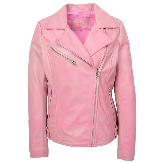 Miyoko Women's Pink Cross Zip Biker Leather Jacket