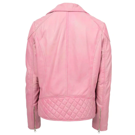 Miyoko Women's Pink Cross Zip Biker Leather Jacket