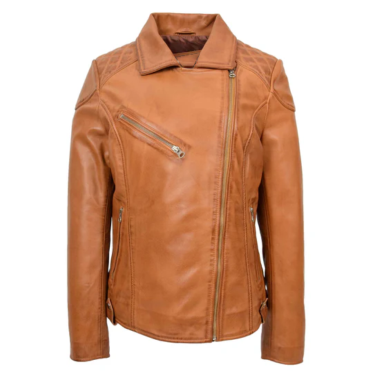 Myrtle Women's Tan Cross Zip Biker Leather Jacket