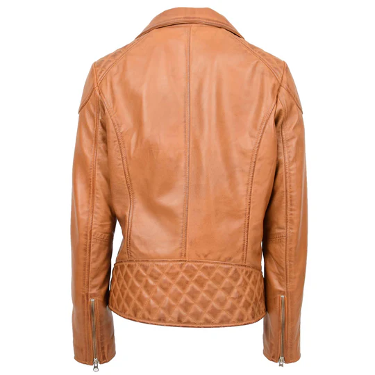 Myrtle Women's Tan Cross Zip Biker Leather Jacket