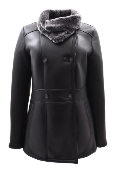 Narcisa Women's Black Double Breasted Leather Coat