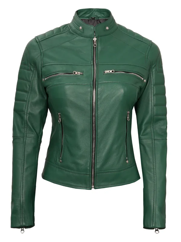 Morrisa Ladies Green Cafe Racer Leather Jacket