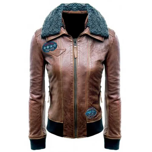 Neave Women's Brown Aviator Bomber Leather Jacket