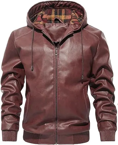 Nguyen Men's Red Hooded Moto Leather Jacket