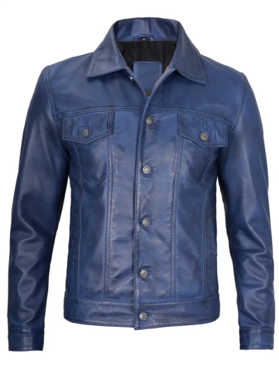 Norwood Men's Blue Leather Trucker Jacket