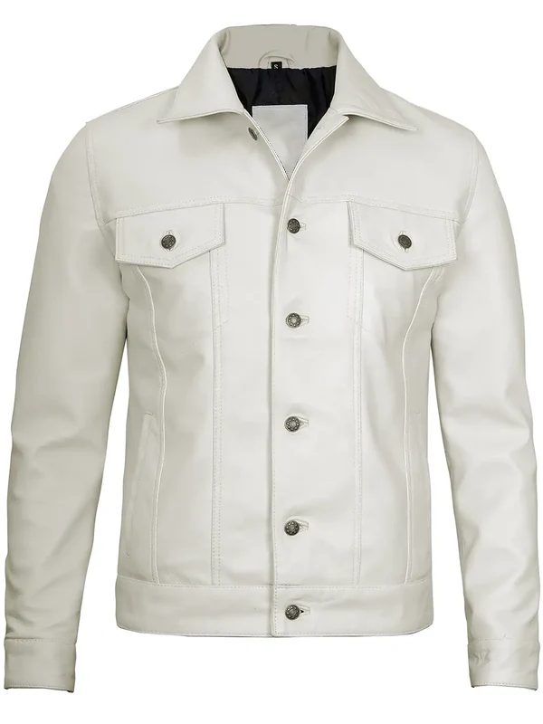 Ordonez Men's Off White Leather Trucker Jacket