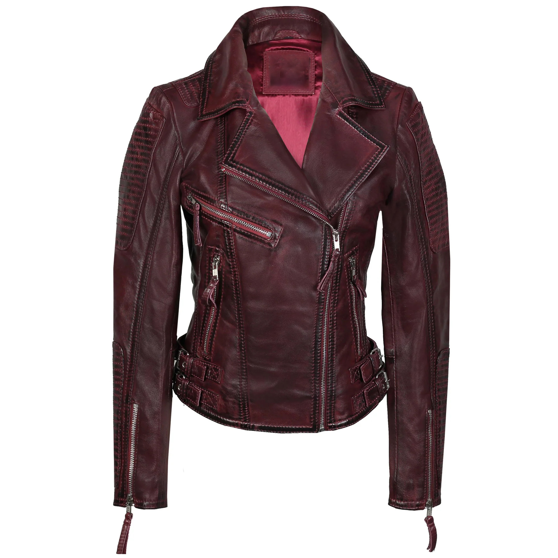 Peyton Ladies Burgundy Biker Leather Jacket