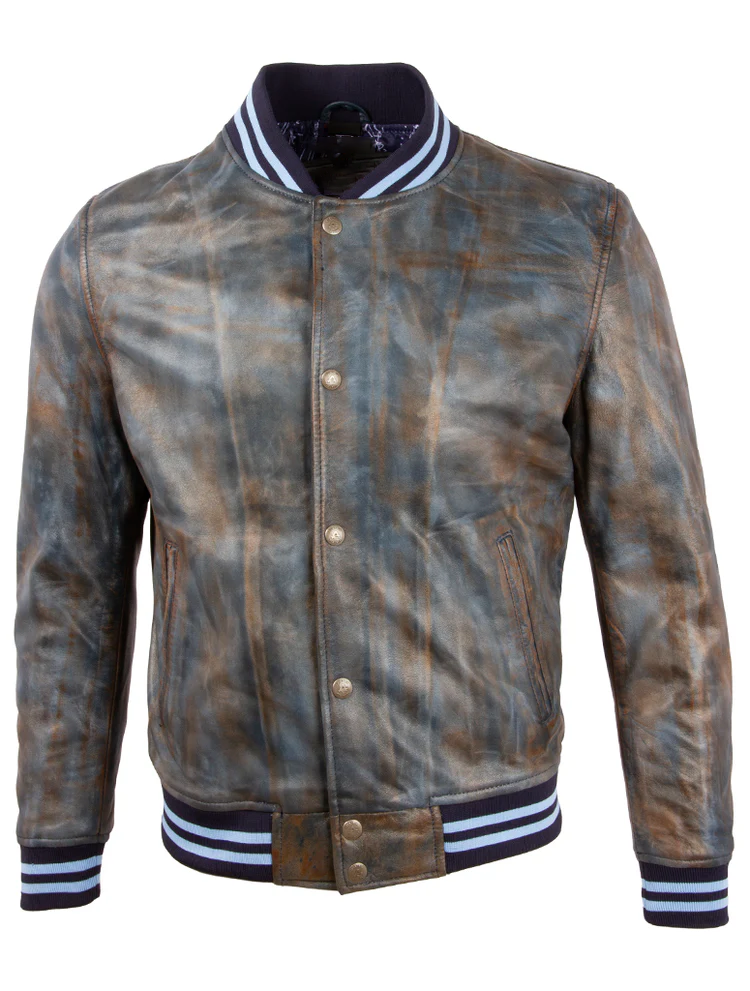 Plourde Men’s Distressed Varsity Bomber Jacket