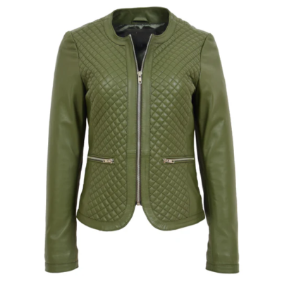 Robyn Women's Collarless Green Leather Jacket
