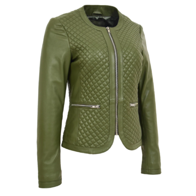 Robyn Women's Collarless Green Leather Jacket