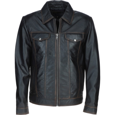 Salvatore Men's Black Bomber Leather Shirt Jacket